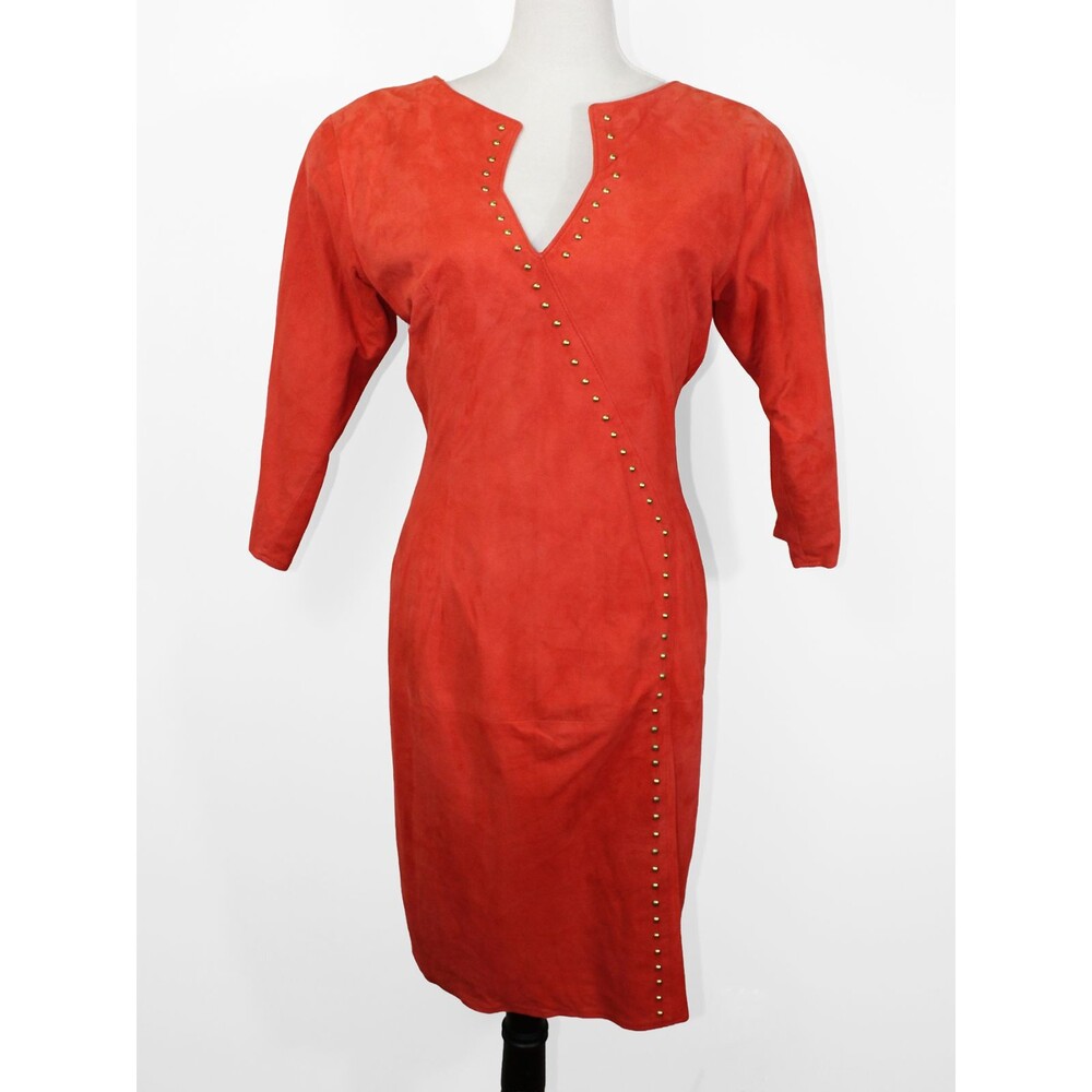Vakko Size 8 Orange Leather Suede 80s 90s Vintage Shift Dress Gold Studded